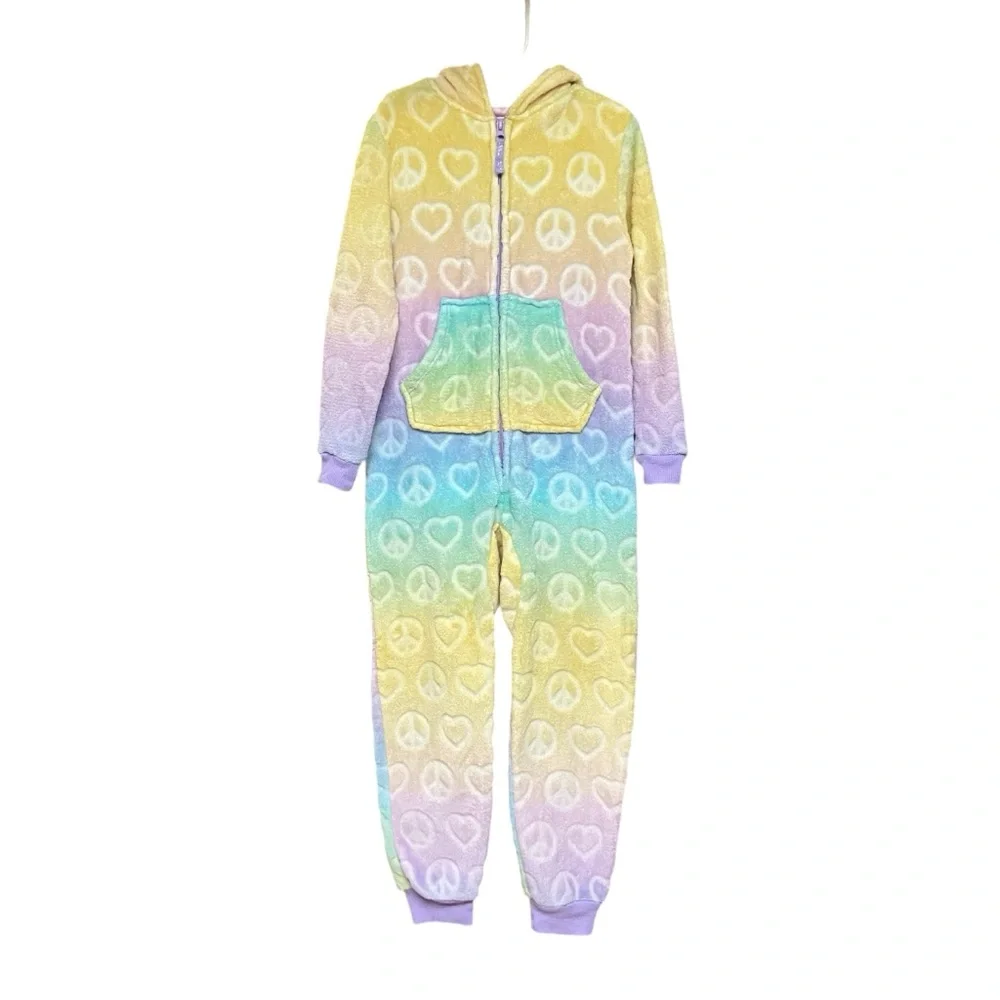 Rainbow Hooded Onesie PJs Leopard Hoodie PJ Onesie Bundle Front Pocket Front Zip